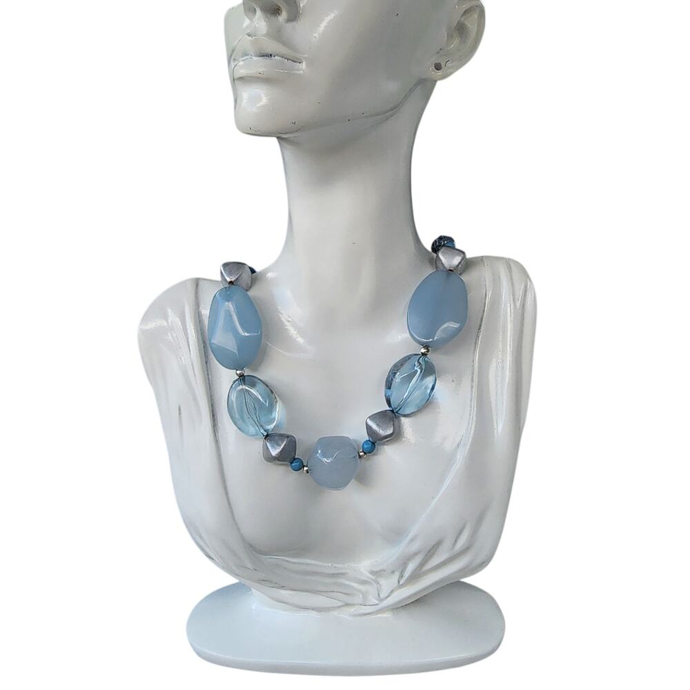 Milky Ice Blue Aquamarine Baroque Acrylic Beaded Necklace - Picture 3 of 9